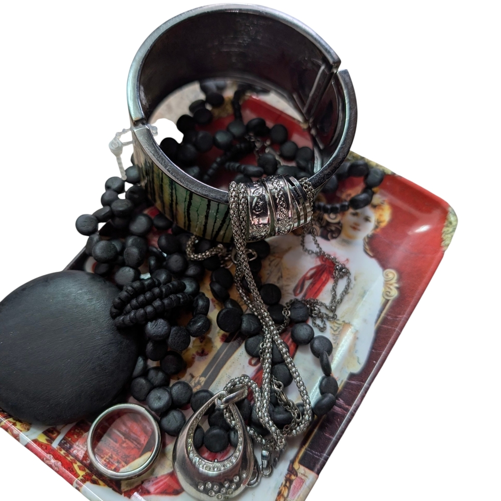 Mixed Metal & Black Beaded Jewelry Lot